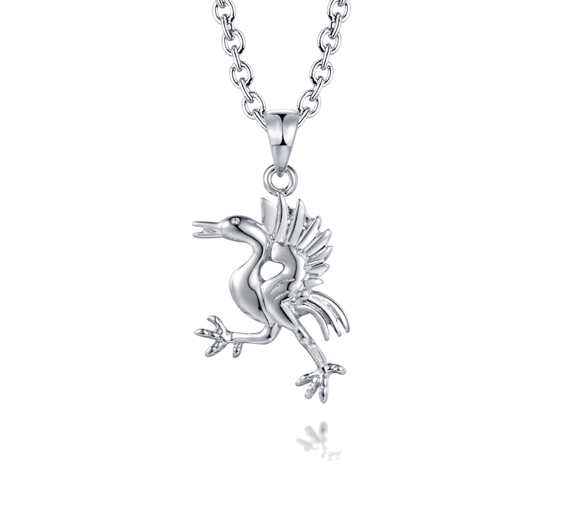Pendentif Grue en argent 925 brillant, représente le célèbre emblème du drapeau de la ville de Gruyères. Avec écrin et chaîne.