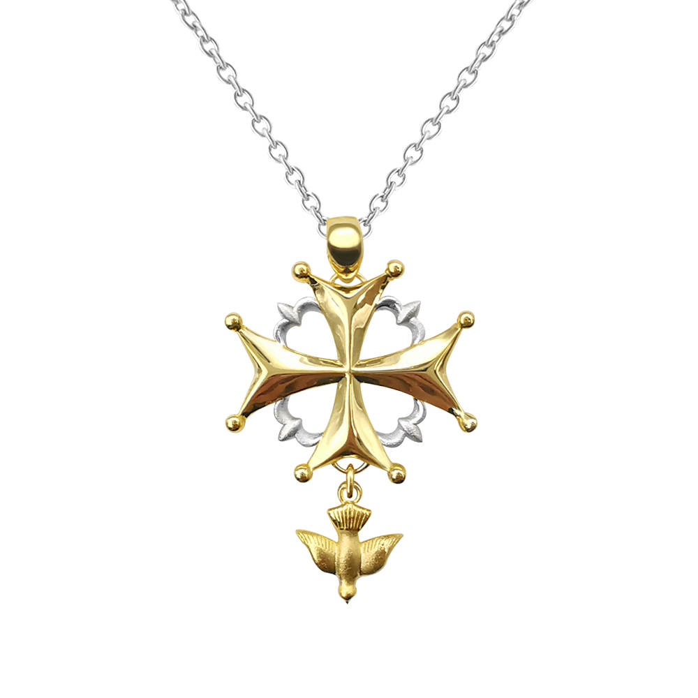 Pendentif Croix Huguenote en argent brillant et mâte 925 bicolor by White Alpina. Ce collier croix huguenote est livré avec écrin et chaîne.