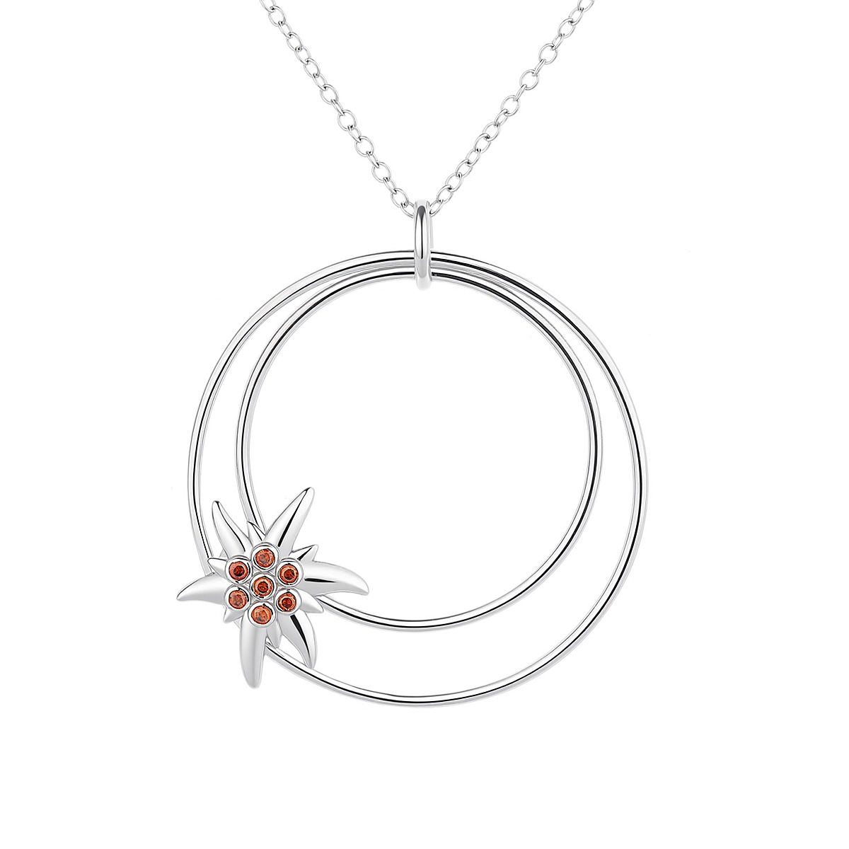 Découvrez le pendentif Edelweiss en argent 925 avec zircons rouges et double cercle. Un bijou élégant inspiré de l’univers American Beauty.